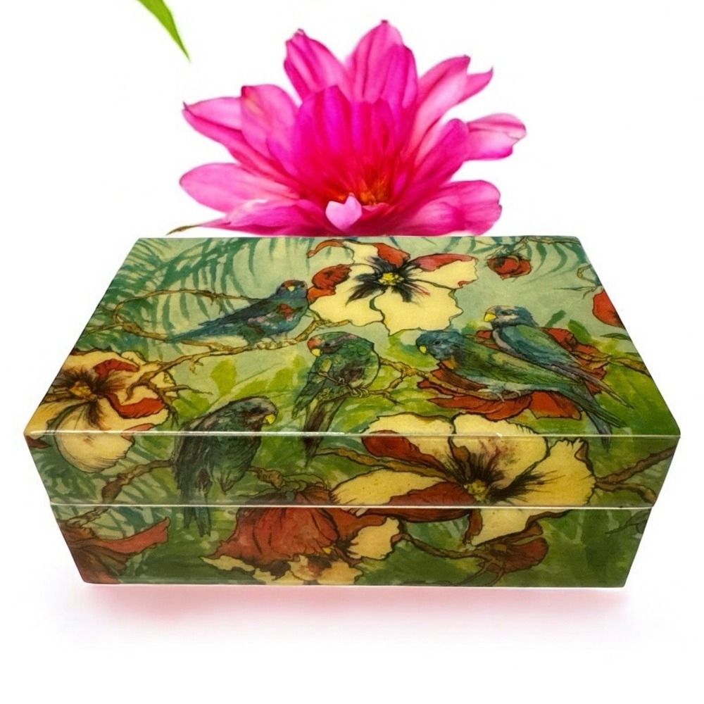 Vintage Musical Memories REUGE Lacquered Music Box Tropical Birds *READ/SEE